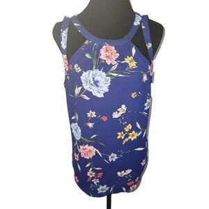 Express Blue Floral Halter Neck Cutout Tank Top Women's Size L